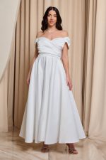 Φόρεμα midi off shoulder με ντραπέ μπούστο άσπρο