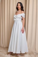 Φόρεμα midi off shoulder με ντραπέ μπούστο άσπρο - Image 3