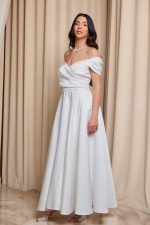 Φόρεμα midi off shoulder με ντραπέ μπούστο άσπρο - Image 4