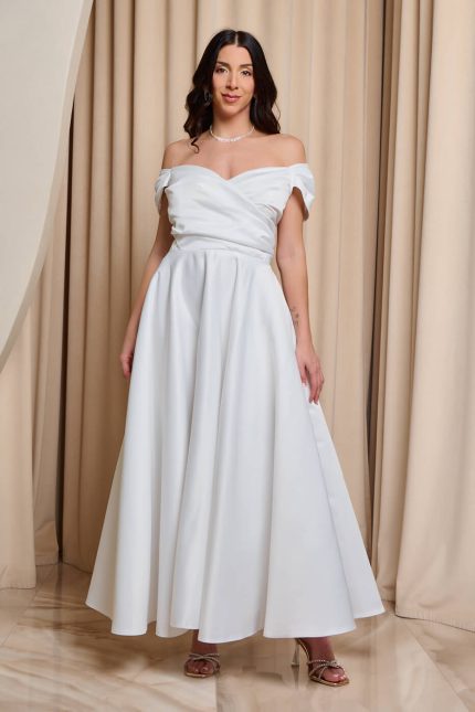 Φόρεμα midi off shoulder με ντραπέ μπούστο άσπρο