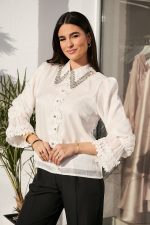 Μπλούζα σατέν με διακοσμημένο πέτο γιακά άσπρη - Image 5