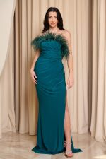 Φόρεμα maxi one shoulder με λεπτομέρεια feathers κυπαρισσί - Image 2