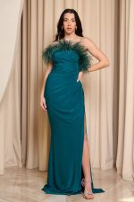 Φόρεμα maxi one shoulder με λεπτομέρεια feathers κυπαρισσί