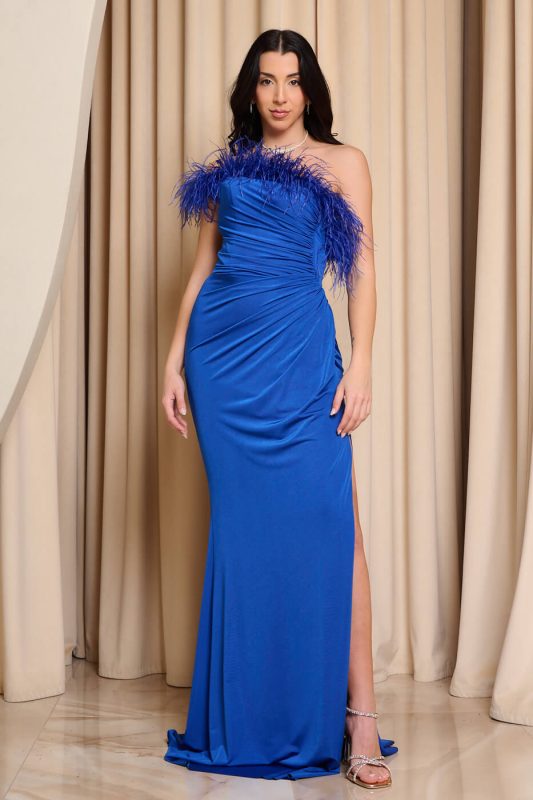 Φόρεμα maxi one shoulder με λεπτομέρεια feathers μπλε ρουά