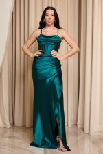 Φόρεμα maxi σατέν με ντραπέ μπούστο και κορσέ κυπαρισσί - Image 2