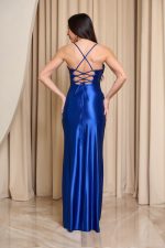 Φόρεμα maxi σατέν με ντραπέ μπούστο και κορσέ μπλε ρουά - Image 4