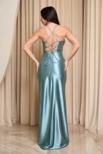 Φόρεμα maxi σατέν με ντραπέ μπούστο και κορσέ μέντα - Image 5