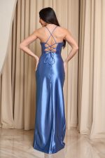 Φόρεμα maxi σατέν με ντραπέ μπούστο και κορσέ indigo - Image 5