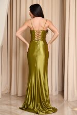 Φόρεμα maxi σατέν με ντραπέ μπούστο lime - Image 5