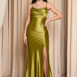Φόρεμα maxi σατέν με ντραπέ μπούστο lime