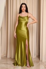 Φόρεμα maxi σατέν με ντραπέ μπούστο lime