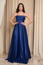 Φόρεμα maxi ταφτάς με ντραπέ μπούστο navy blue - Image 2