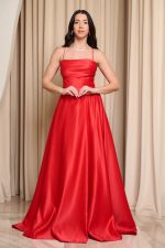 Φόρεμα maxi ταφτάς με ντραπέ μπούστο κόκκινο