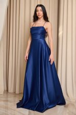 Φόρεμα maxi ταφτάς με ντραπέ μπούστο navy blue - Image 3