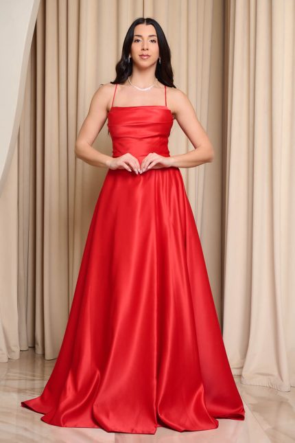 Φόρεμα maxi ταφτάς με ντραπέ μπούστο κόκκινο