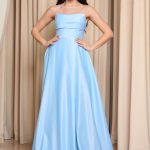 Φόρεμα maxi ταφτάς με ντραπέ μπούστο baby blue