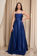 Φόρεμα maxi ταφτάς με ντραπέ μπούστο navy blue