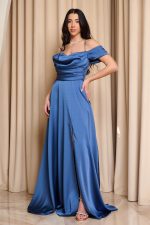 Φόρεμα maxi off shoulder σατέν με ντραπέ μπούστο indigo - Image 2