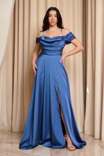 Φόρεμα maxi off shoulder σατέν με ντραπέ μπούστο indigo