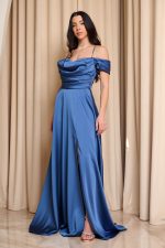 Φόρεμα maxi off shoulder σατέν με ντραπέ μπούστο indigo - Image 3