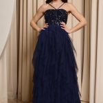 Φόρεμα maxi με παγιέτες και τούλι midnight blue