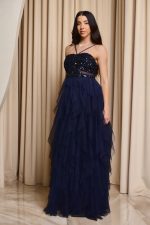 Φόρεμα maxi με παγιέτες και τούλι midnight blue - Image 3