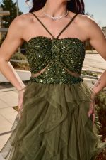 Φόρεμα maxi με παγιέτες και τούλι olive - Image 6