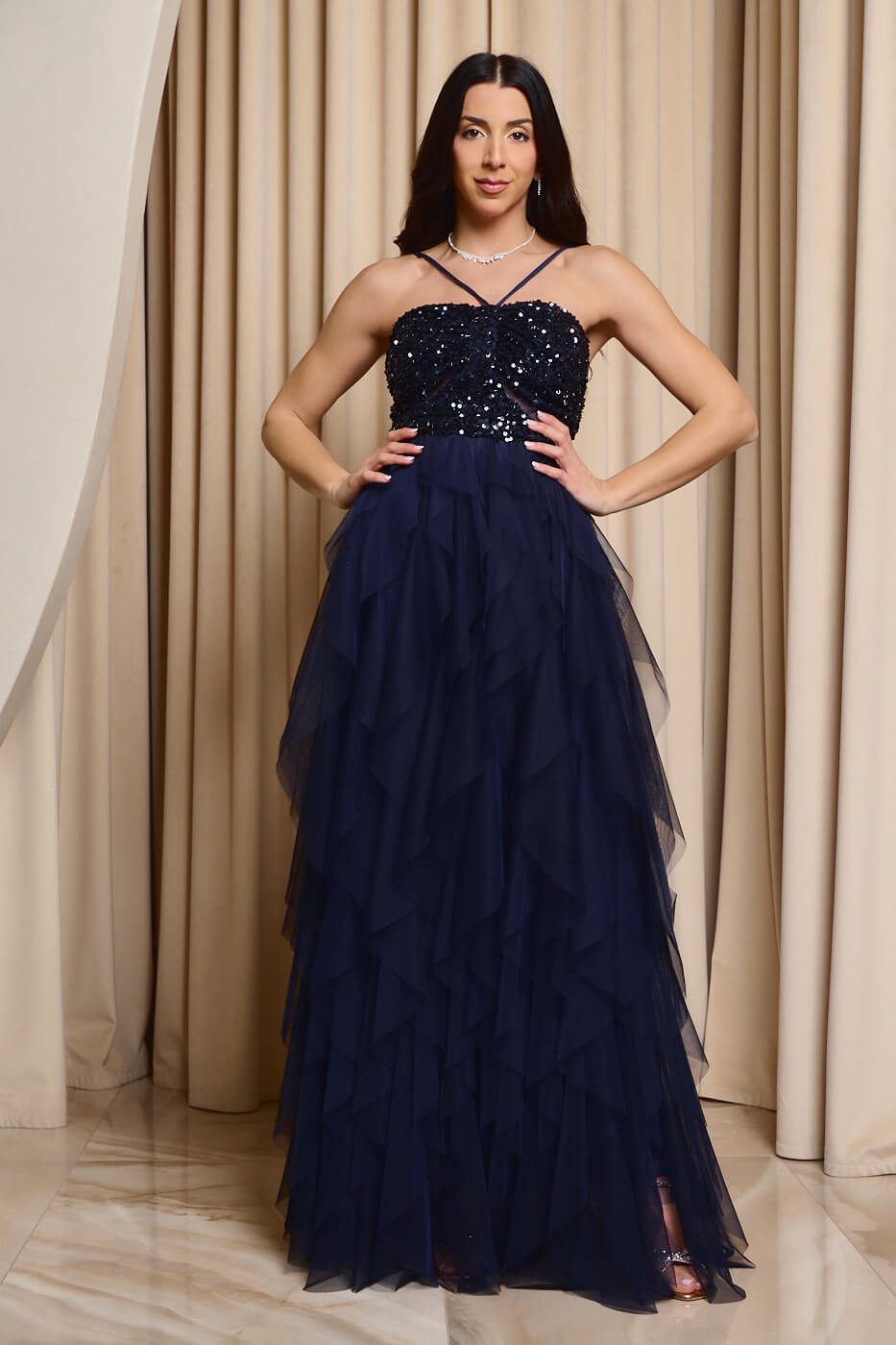 Φόρεμα maxi με παγιέτες και τούλι midnight blue