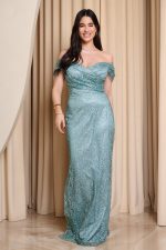 Φόρεμα maxi off shoulder με γκλίτερ και στρας μέντα - Image 3