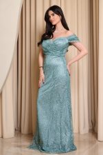 Φόρεμα maxi off shoulder με γκλίτερ και στρας μέντα - Image 5