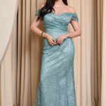 Φόρεμα maxi off shoulder με γκλίτερ και στρας μέντα