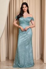 Φόρεμα maxi off shoulder με γκλίτερ και στρας μέντα