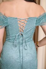 Φόρεμα maxi off shoulder με γκλίτερ και στρας μέντα - Image 8