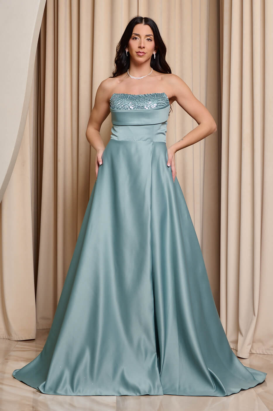 GA-2253 Φόρεμα maxi στράπλες με λεπτομέρεια παγιέτα μέντα