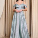 Φόρεμα maxi off shoulder με τρισδιάστατο γκλίτερ μέντα