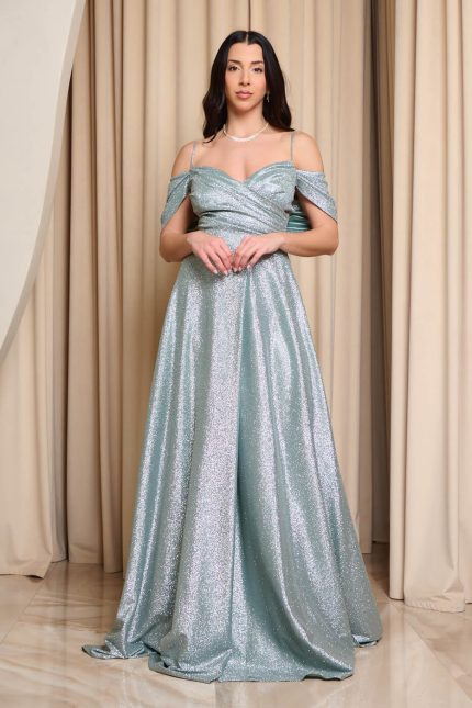 Φόρεμα maxi off shoulder με τρισδιάστατο γκλίτερ μέντα