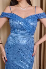 Φόρεμα maxi off shoulder με παγιέτες και πέρλες γαλάζιο - Image 6