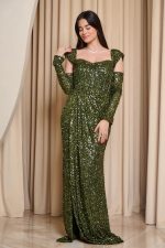 Φόρεμα maxi με παγιέτες και αποσπώμενα μανίκια olive - Image 2