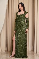Φόρεμα maxi με παγιέτες και αποσπώμενα μανίκια olive - Image 5
