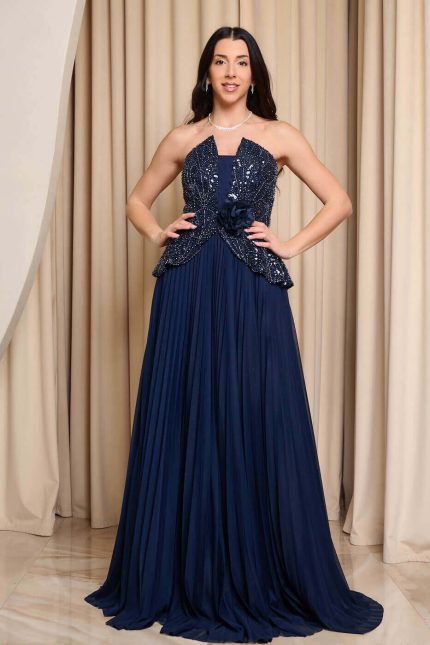 Φόρεμα maxi στράπλες πλισέ με 3D λουλούδι midnight blue