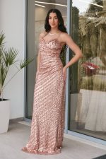 Φόρεμα maxi με παγιέτες και ντραπέ μπούστο rose gold - Image 4