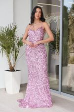 Φόρεμα maxi γοργονέ με παγιέτες και ουρά ροζ - Image 2