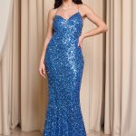 Φόρεμα maxi γοργονέ με παγιέτες και ουρά indigo