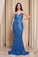 Φόρεμα maxi γοργονέ με παγιέτες και ουρά indigo