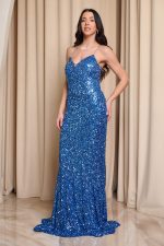 Φόρεμα maxi γοργονέ με παγιέτες και ουρά indigo - Image 4