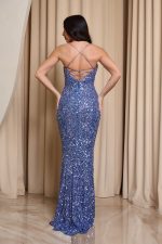 Φόρεμα maxi γοργονέ με παγιέτες και ουρά dusty blue - Image 5