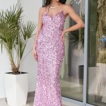 Φόρεμα maxi γοργονέ με παγιέτες και ουρά ροζ