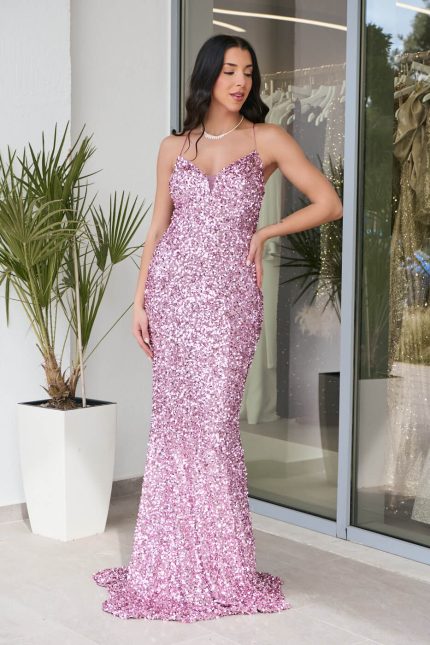 Φόρεμα maxi γοργονέ με παγιέτες και ουρά ροζ