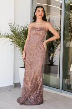 Φόρεμα maxi στράπλες με παγιέτες και χάντρες bronze