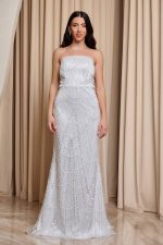 Φόρεμα maxi στράπλες με πέρλες και αποσπώμενη ουρά άσπρο - Image 2
